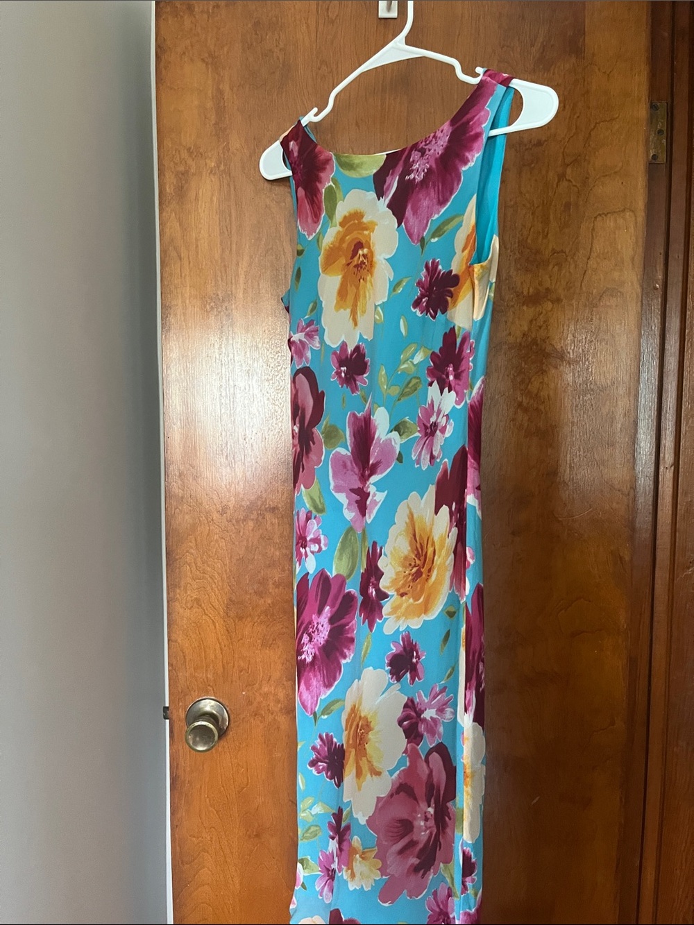 Sleeveless Turquoise Floral Maxi Dress with Yellow & Magenta Blooms